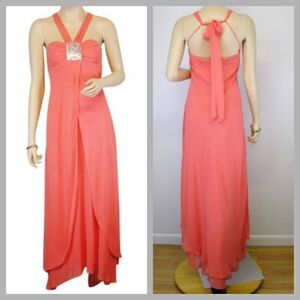 BCBGMaxAzria ORANGE SILK SEQUIN HALTER MAXI DRESS